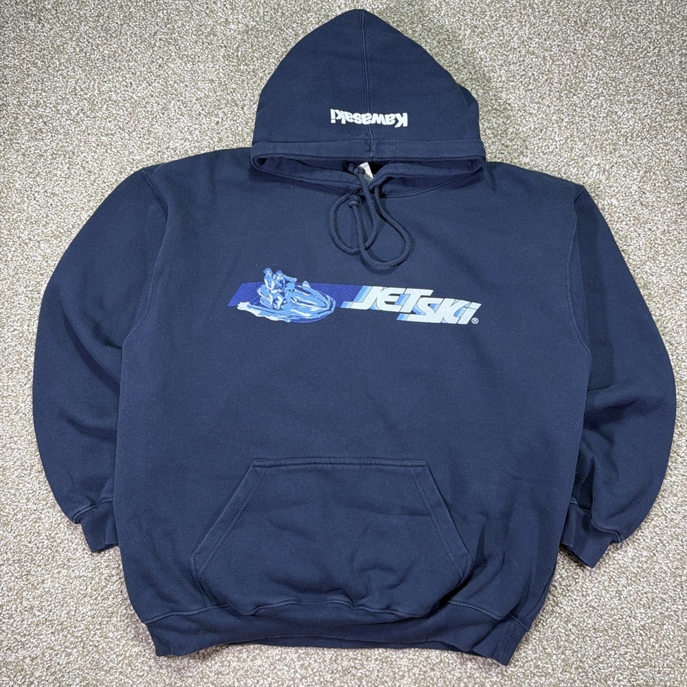 Vintage Jet Ski Kawasaki Hoodie Pullover 90s Y2K Size XL Rare Navy Blue